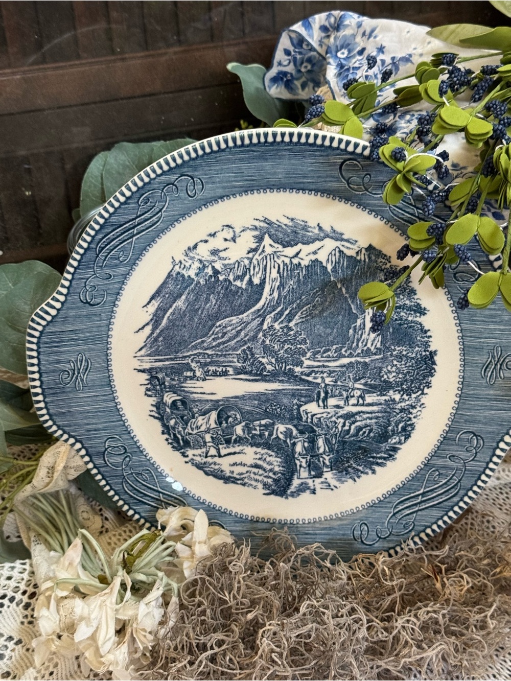 Blue Scenic Ceramic Serving Platter with Decorative Rim